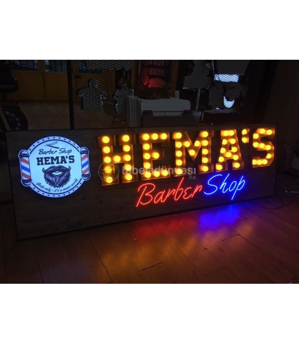 Almanya Hema’s Barber Shop Ampüllü Retro Kutu Harf Tabela ve Neon Hortumlu Led Tabela