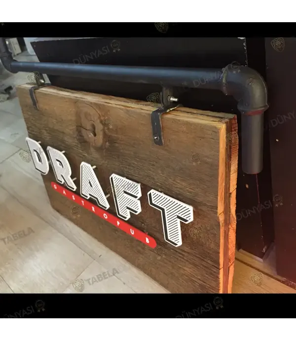 Draft gastropub eskitme ahşap tabela