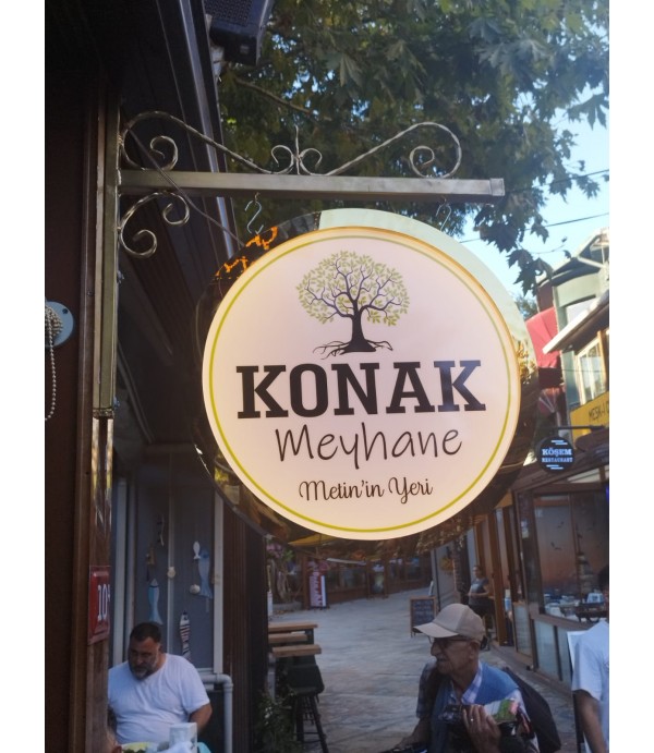 Meyhane ferforje ayaklı gold fileli ışıklı daire tabela