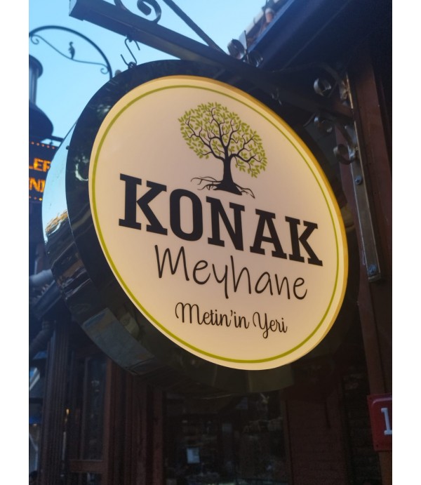 Meyhane ferforje ayaklı gold fileli ışıklı daire tabela