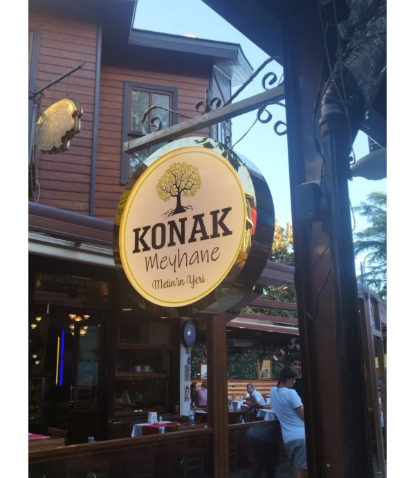 Meyhane ferforje ayaklı gold fileli ışıklı daire tabela