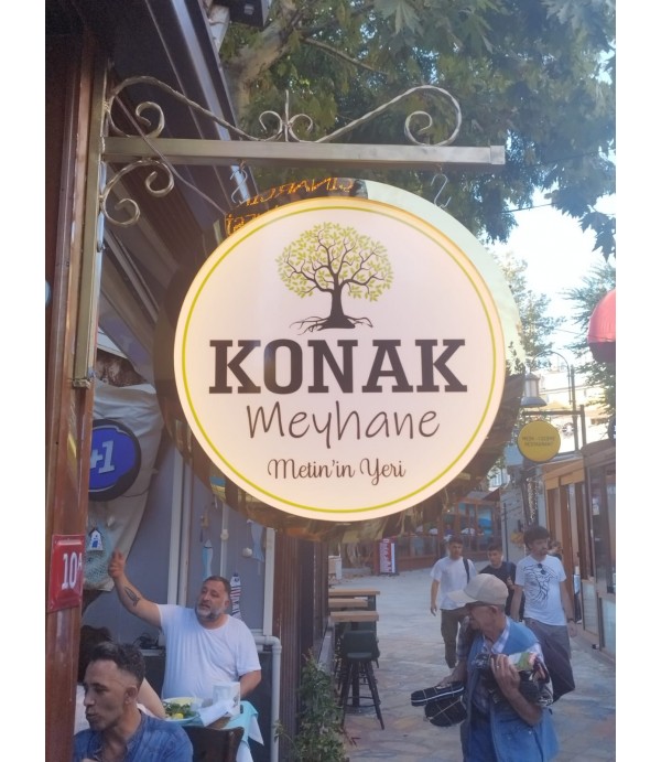 Meyhane ferforje ayaklı gold fileli ışıklı daire tabela