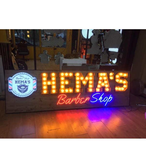 Almanya Hema’s Barber Shop Ampüllü Retro Kutu Harf Tabela ve Neon Hortumlu Led Tabela