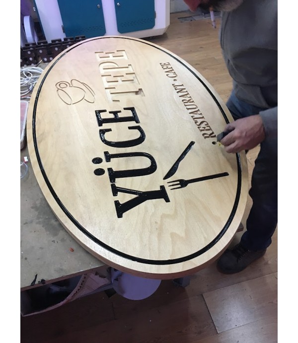 Yüce Tepe Restaurant cafe ahşap tabela