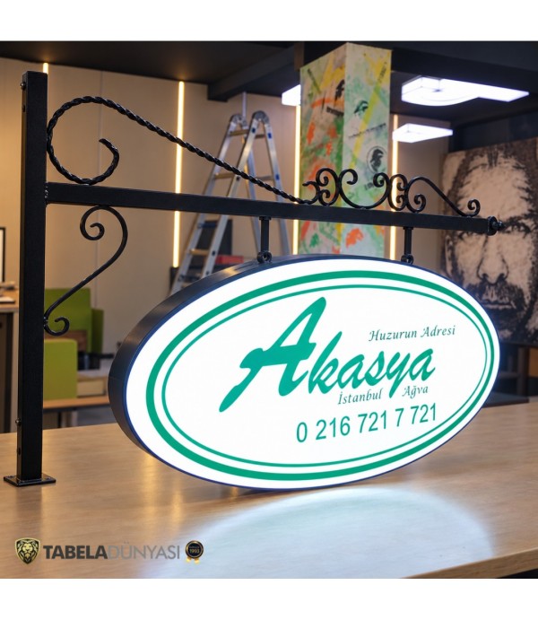 Akasya Ağva Ferforje Ayaklı Çift Taraflı Işıklı Elips Tabela