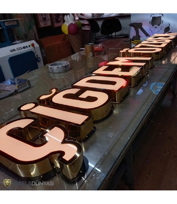 Parlak Gold Paslanmaz Fileli Işıklı Kutu Harf Tabela