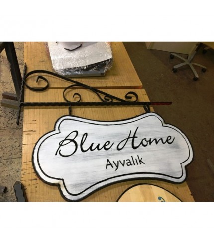 Blue Home Ayvalık Çift Taraflı Ahşap Ferforje Tabela