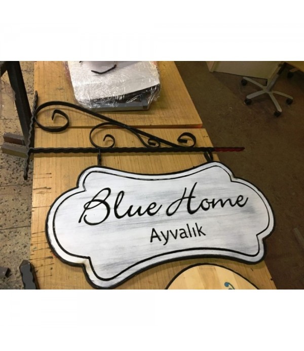 Blue Home Ayvalık Çift Taraflı Ahşap Ferforje Tabela