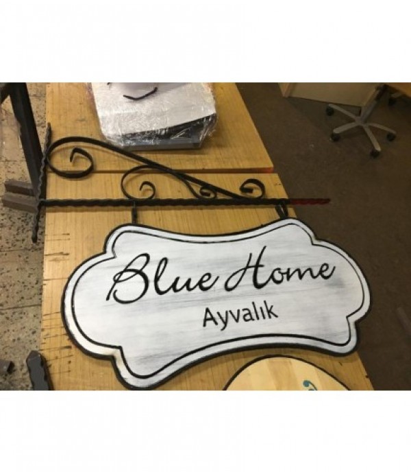 Blue Home Ayvalık Çift Taraflı Ahşap Ferforje Tabela