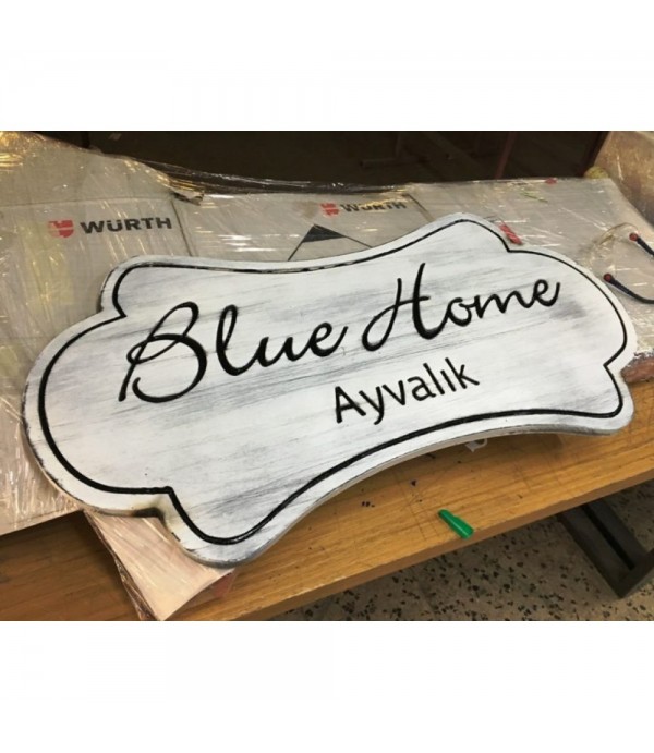 Blue Home Ayvalık Çift Taraflı Ahşap Ferforje Tabela