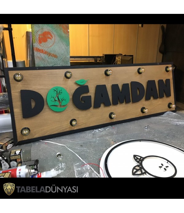 Doğamdan Işıklı (Ampul) Ahşap Tabela