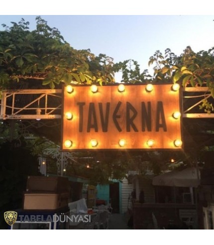 Nispet Taverna Datça Işıklı Ampul Ahşap Tabela