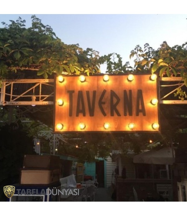 Nispet Taverna Datça Işıklı Ampul Ahşap Tabela