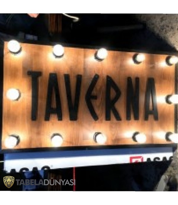 Nispet Taverna Datça Işıklı Ampul Ahşap Tabela