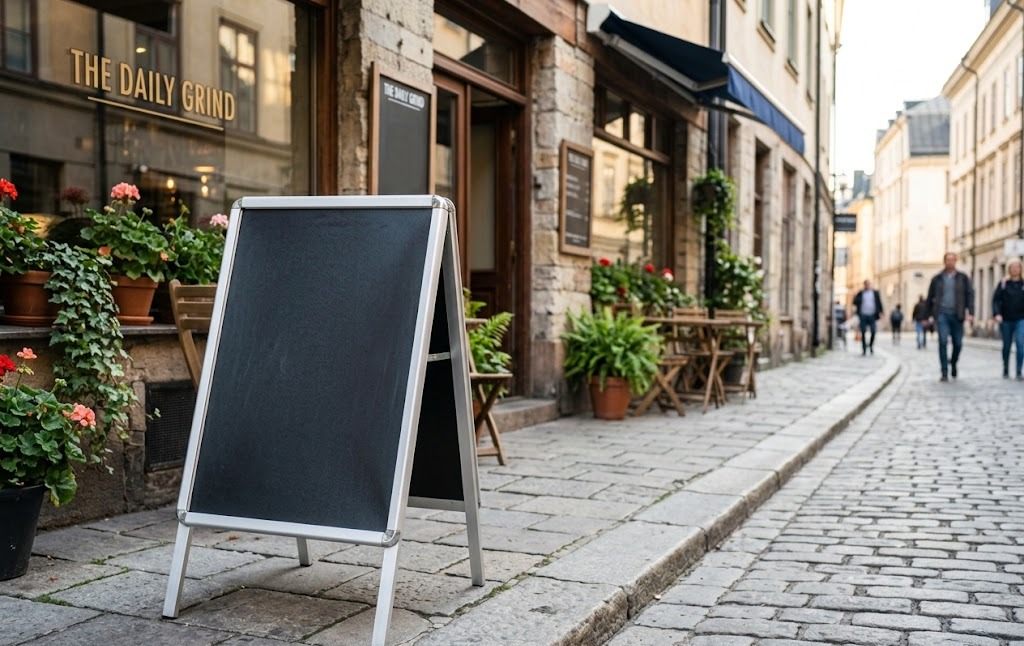 Kafe önünde kaldırımda duran çift yüzlü A tipi ayaklı tabela