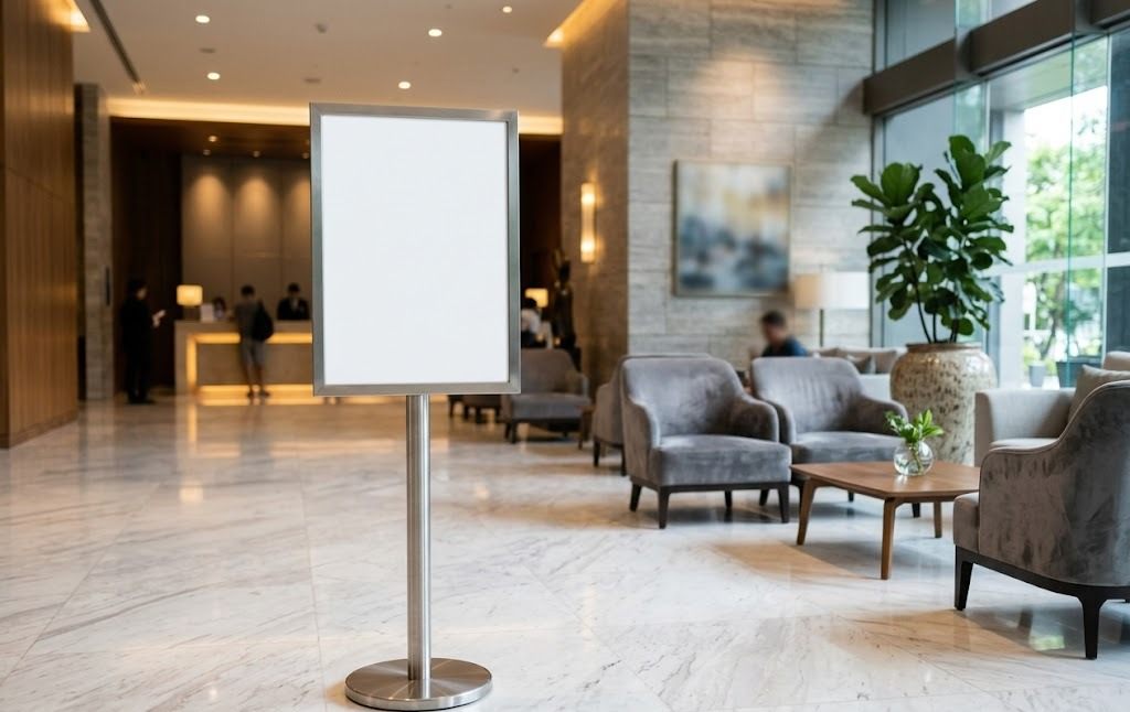 Otel lobisinde metal ayak üzerinde duran iç mekân bilgi panosu